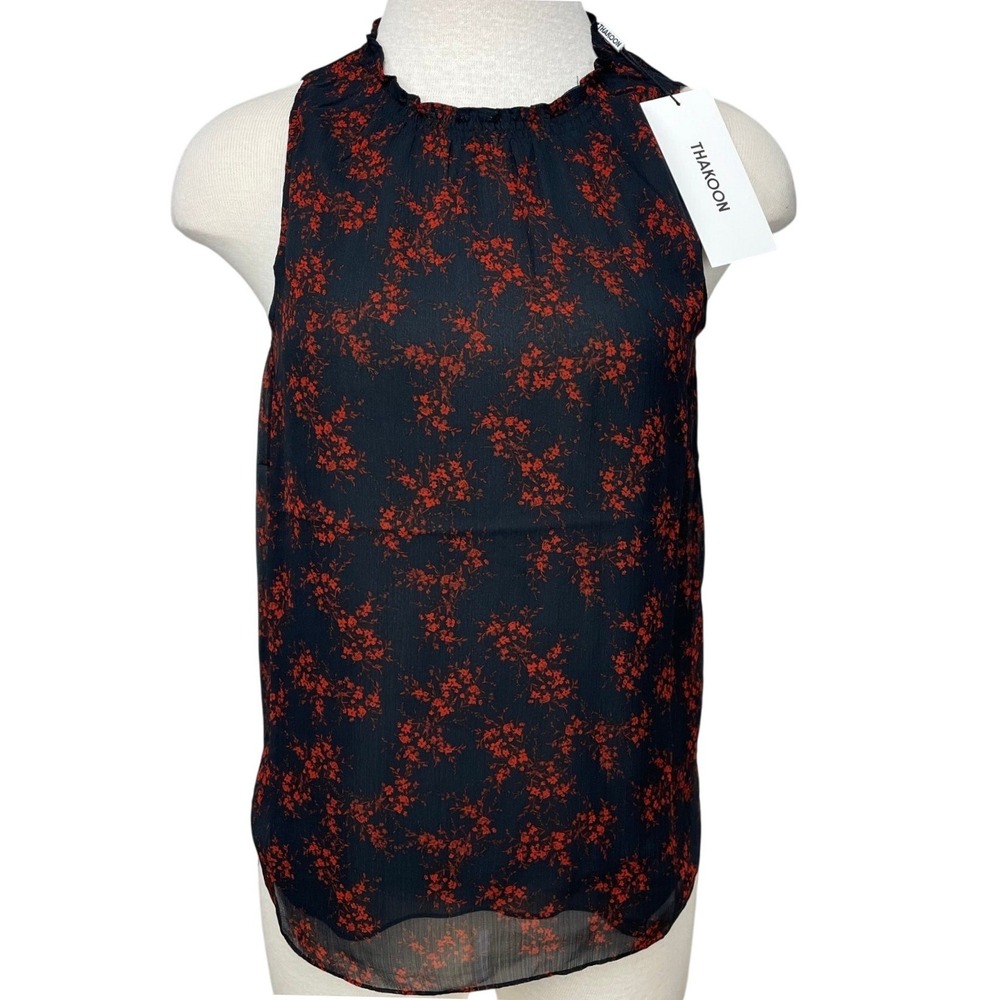 NWT THAKOON Womens (M) Deep Navy Red Floral Sleeveless Blouse Flutter Neck Lined